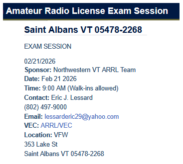 QST QST QST – ARRL VE Test Session, Saturday, February 21, 2026, in St. Albans, VT