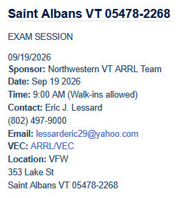 QST QST QST – ARRL VE Test Session, Saturday, September 19, 2026, in St. Albans, VT